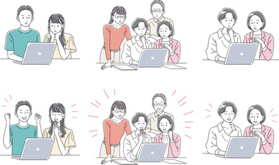 様々な表情でノートパソコン操作するビジネスパーソンのイラストセット