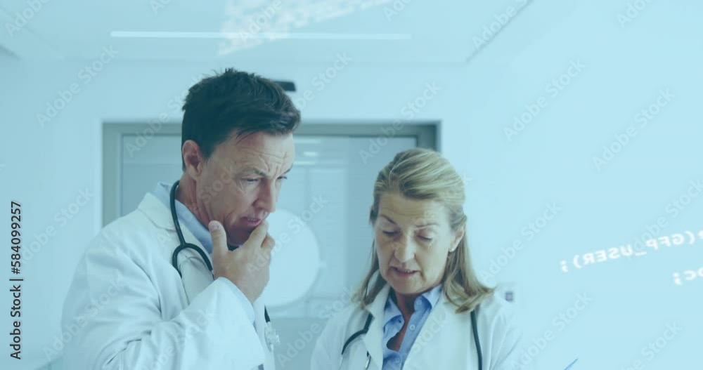 Poster animation of data processing over caucasian doctors