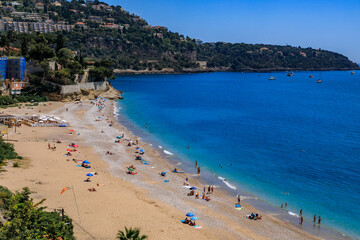 Fototapeta na wymiar Mediterranean Sea and beach in Roquebrune Cap Martin South of France near Monaco