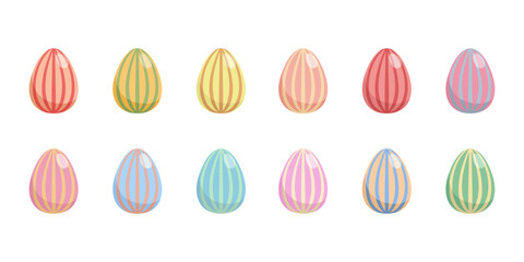 Jajka wielkanocne. Świąteczne kolorowe jajka w paski na białym tle. Malowane pisanki. Ilustracja wektorowa.
