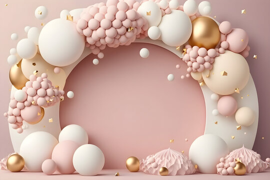 Balloon garland decoration elements. Frame arch for wedding, birthday, baby shower party celebration. Pastel pink, white and gold banner background with round empty space. 3d render illustration