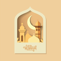 Eid mubarak greeting card, banner and flyer. Islamic beautiful design template in paper cut style vector illustration