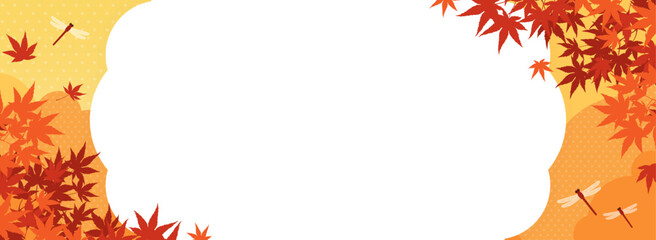 秋の紅葉と赤とんぼの舞う風景　フレーム・背景素材（バナー向け横長） © Katie（カチエ）