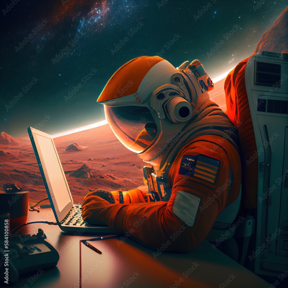 Poster a portrait of an astronaut in a spacesuit working on a laptop. a high-tech astronaut from the future