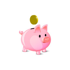 Cartoon pink piggy bank coins. 3d money coin. Business concept. Vector illustration.