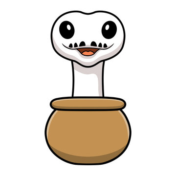 Cute white leucistic ball python snake cartoon inside the sack