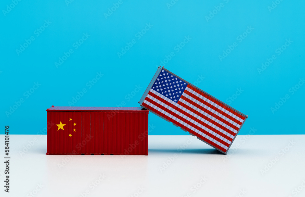 Poster Cargo container with Chinese and USA flag