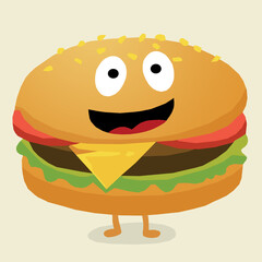 Cartoon hamburger with happy face. Vector illustration in flat style