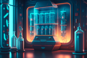 Obraz premium a futuristic laboratory with glowing test tubes and holographic displays - Generative AI