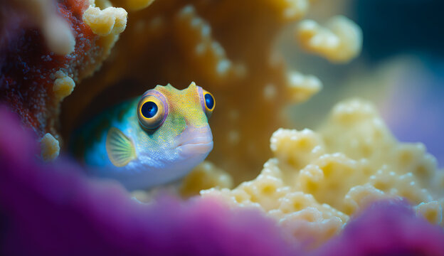 a Gobiodon okinawae, a tiny and colorful species of goby, hiding in a crevice in a coral reef - Generative AI