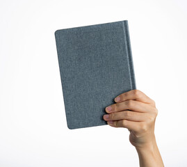 People hands holding a book on white background