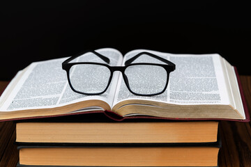 Eyeglasses on top of books