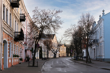 View of an old street in the historical center of the city Zamkova street, Grodno, Belarus