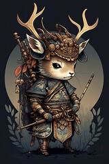 Samurai Armor Deer Chibi Illustration: Cute and Dynamic Anime-Style Animal Warrior in Traditional Japanese Attire, Ideal for Anime and Japanese Culture Fans (Generative AI
