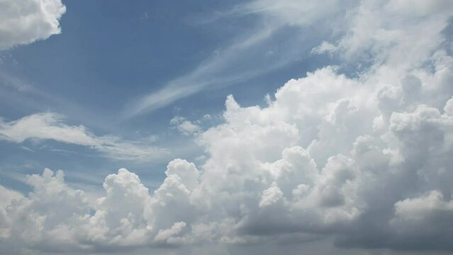 Blue sky white clouds with blue sky in sunny hot summer weather, natural fast motion big mass moving in horizon.
