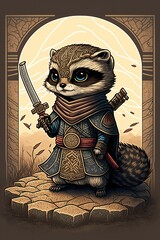 Samurai Armor Meerkat Chibi Illustration: Cute and Dynamic Anime-Style Animal Warrior in Traditional Japanese Attire, Ideal for Anime and Japanese Culture Fans (Generative AI