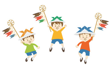 折り紙の兜をかぶって鯉のぼりを手に、ハーフパンツ姿で楽しそうにジャンプする男の子セット