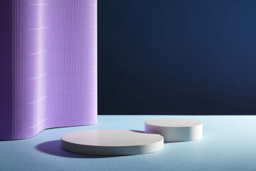 Front view of two round empty podiums on dark background. Purple paper folds form a soft undulating wall. Minimal abstract background for display product.