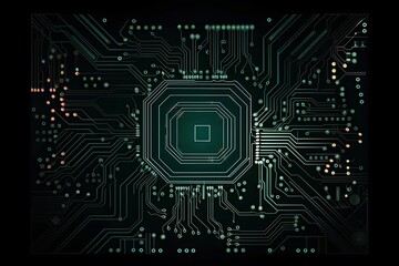 computer circuit board CPU close-up microchips glowing lights and lines, concept background, generative ai