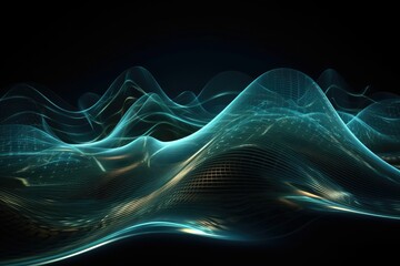 floating analog digital waves and wave-forms on a black background, signal processing, amplitude and frequency, abstract background, generative ai