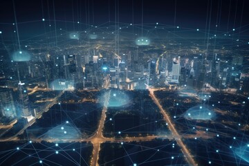 smart connected city, futuristic networks and lights, night aerial landscape, generative ai