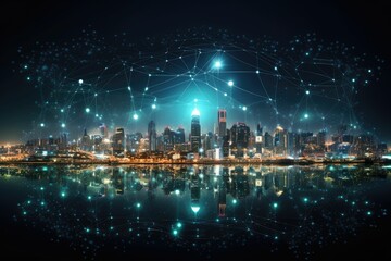 Obraz na płótnie Canvas smart connected city, futuristic networks and lights, night aerial landscape, generative ai