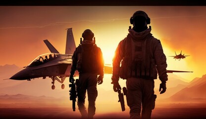 Fototapeta na wymiar Military pilots near jet fighter at sunset. Military aviation. Created with Generative AI