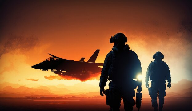 Military pilots near jet fighter at sunset. Military aviation. Created with Generative AI