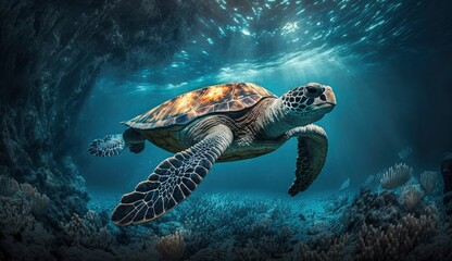 Obraz premium Sea turtle swimming underwater in blue ocean water. Created with Generative AI