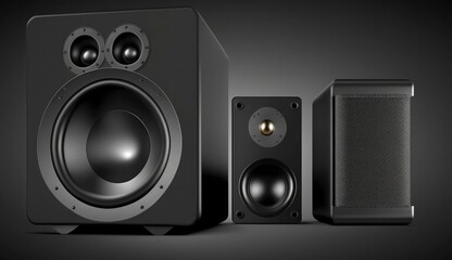 Obraz premium Two sound speakers and subwoofer on dark background. Set for listening music. Audio equipment, Generate Ai