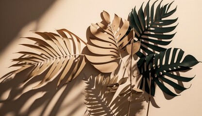 Abstract background with tropical palm leaves shadow on beige wall, Creative minimal design with copy space, Summer concept, flat lay , Generate Ai