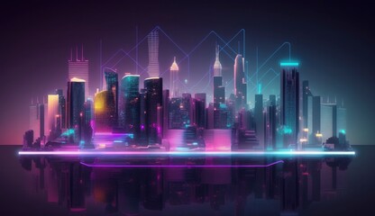 Obraz na płótnie Canvas Smart city and big data concept. Futuristic cityscape at night with neon colors. City infrastructure hologram. Created with Generative AI