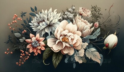 Vintage bouquet of beautiful flowers. Floral background. Abstract pattern with beautiful spring flowers. Created with Generative AI