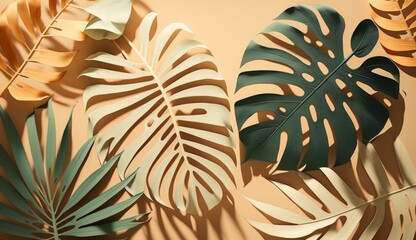 Fototapeta na wymiar Abstract background with tropical palm leaves shadow on beige wall, Creative minimal design with copy space, Summer concept, flat lay , Generate Ai