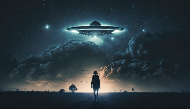 Flying saucer flies at night in sky over silhouette of man standing in field. Invasion of extraterrestrial intelligence on an intergalactic ship. Alien abduction. Created with Generative AI
