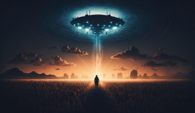 Flying saucer flies at night in sky over silhouette of man standing in field. Invasion of extraterrestrial intelligence on an intergalactic ship. Alien abduction. Created with Generative AI