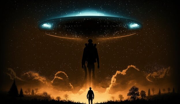 Flying saucer flies at night in sky over silhouette of man standing in field. Invasion of extraterrestrial intelligence on an intergalactic ship. Alien abduction. Created with Generative AI