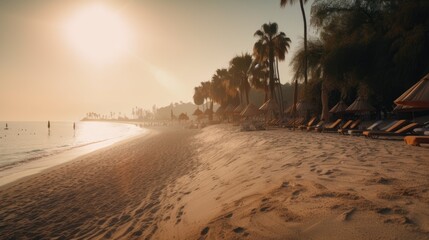 Fototapeta na wymiar Tropical Getaway: A Beach with Crystal-Clear Water and White Umbrellas, AI Generative 