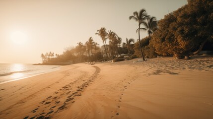 A Serene Beachfront Scene: Palm Trees, Golden Sand, and Turquoise Water, AI Generative
