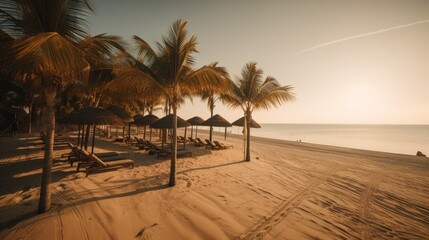 Obraz na płótnie Canvas A Tranquil Beach Retreat: Palm Trees, White Umbrellas, and Golden Sand, AI Generative 