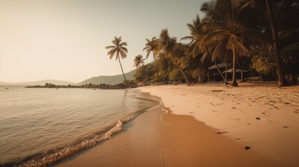 Golden Sands: A Beautiful Beach Scene with Palm Trees and White Umbrellas, AI Generative