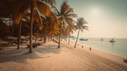 Serenity Beach: A Peaceful Paradise with Palm Trees and White Umbrellas, AI Generative
