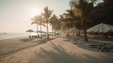 Obraz na płótnie Canvas Sandy Serenity: A Tranquil Beach with Palm Trees and Sparkling Blue Waters, AI Generative