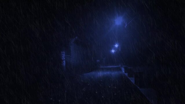 An empty and lonely alley at night during a storm with heavy and torrential rain, animation