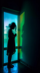 Silhouette women front of windows looking at the wall with blue and green ambience light room. Generative AI