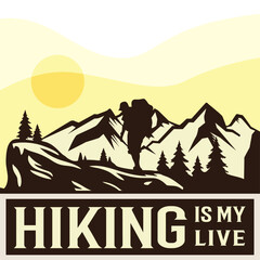 vector trekking tourist walking on mountain enjoying beautiful nature and mountain view in forest. camping in the mountains and traveling 