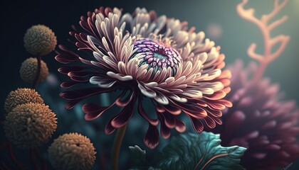 Fototapeta na wymiar beautiful fantasy vintage wallpaper botanical flower Chrysanthemum generative AI