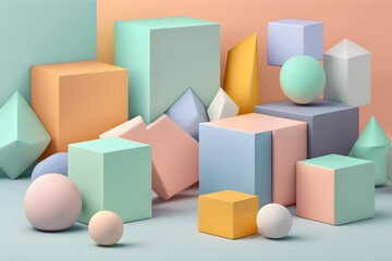 3D rendered gradient cubes in soft pastel colors. Geometric shapes composition with empty space for product design show. Minimalistic banner background
