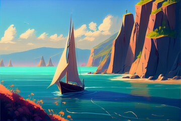 Fototapeta na wymiar Sai boat,afternoon on the sea ,hill pleasant sunshine,illustration,landscape