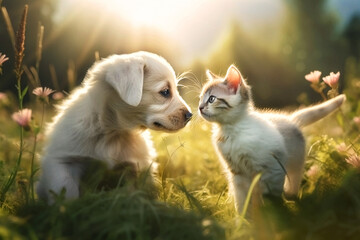 Generative AI image of a cute puppy and kitten in a field